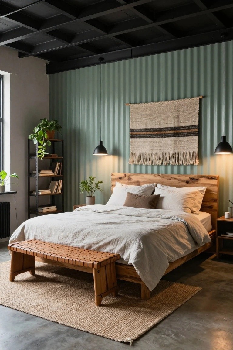 Bedroom featuring sage green corrugated metal wall panels, wooden bed with white linen bedding and pillows, black metal bookshelf with plants and books, two black pendant lights, wooden bench on seagrass rug, and concrete floor.