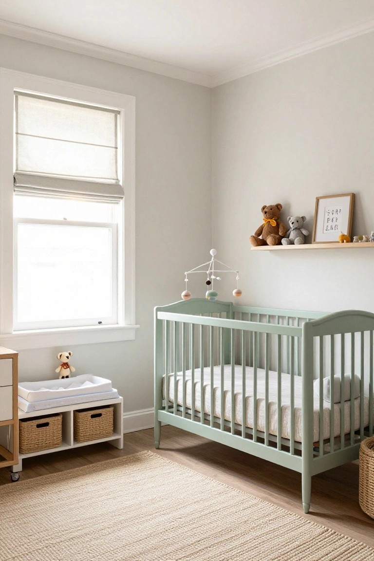Sage green wooden crib with mobile in a light gray nursery room featuring white window with shades, stuffed animals on floating shelf, changing table with baskets, and seagrass rug on hardwood floor.