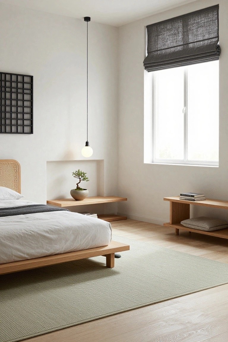 Minimalist bedroom with low wooden platform bed on light sage green textured rug, white linens, gray throw, bonsai plant on wall shelf, books on low wooden bench, and large window with gray roman shade.