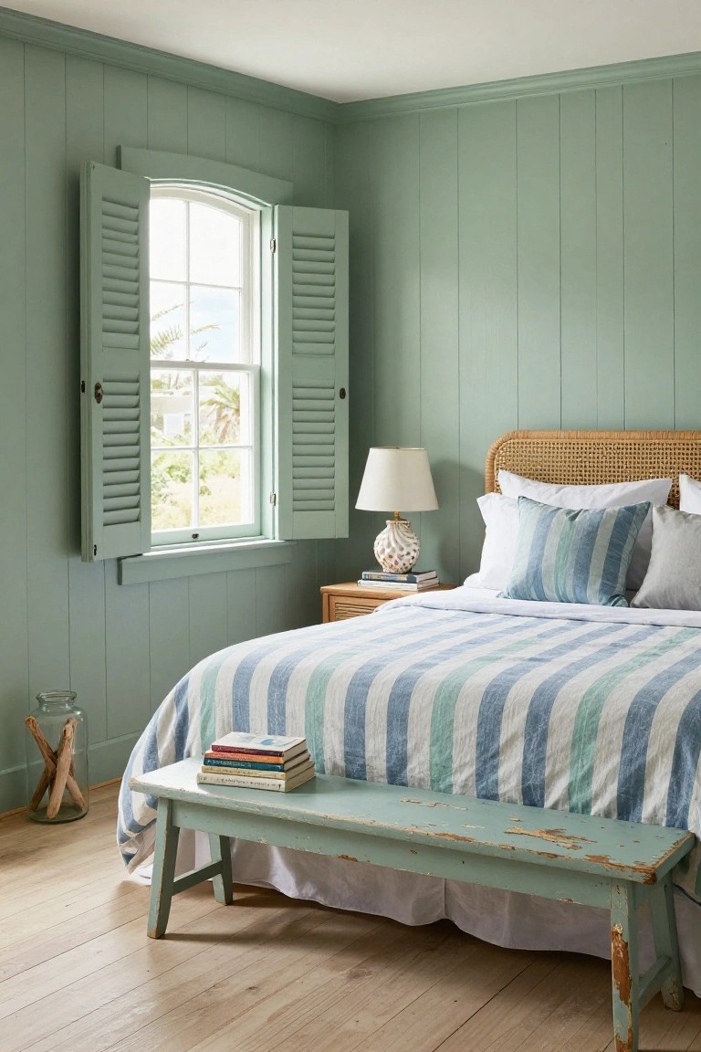 Bedroom with sage green shiplap paneled walls, rattan headboard bed draped in striped white and blue linens, wooden nightstand with lamp and books, foot bench, and open shuttered window overlooking palms and greenery.