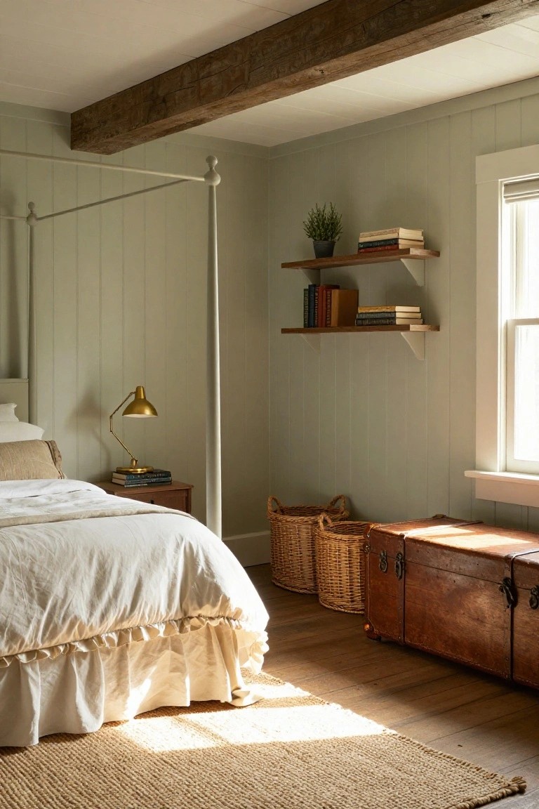 Bedroom with sage green shiplap walls, white four-poster bed with ruffled skirt, wood ceiling beams, floating wood shelves with books and plant, brass lamp on wood nightstand, wicker baskets, leather trunk, and jute rug on wood floor.