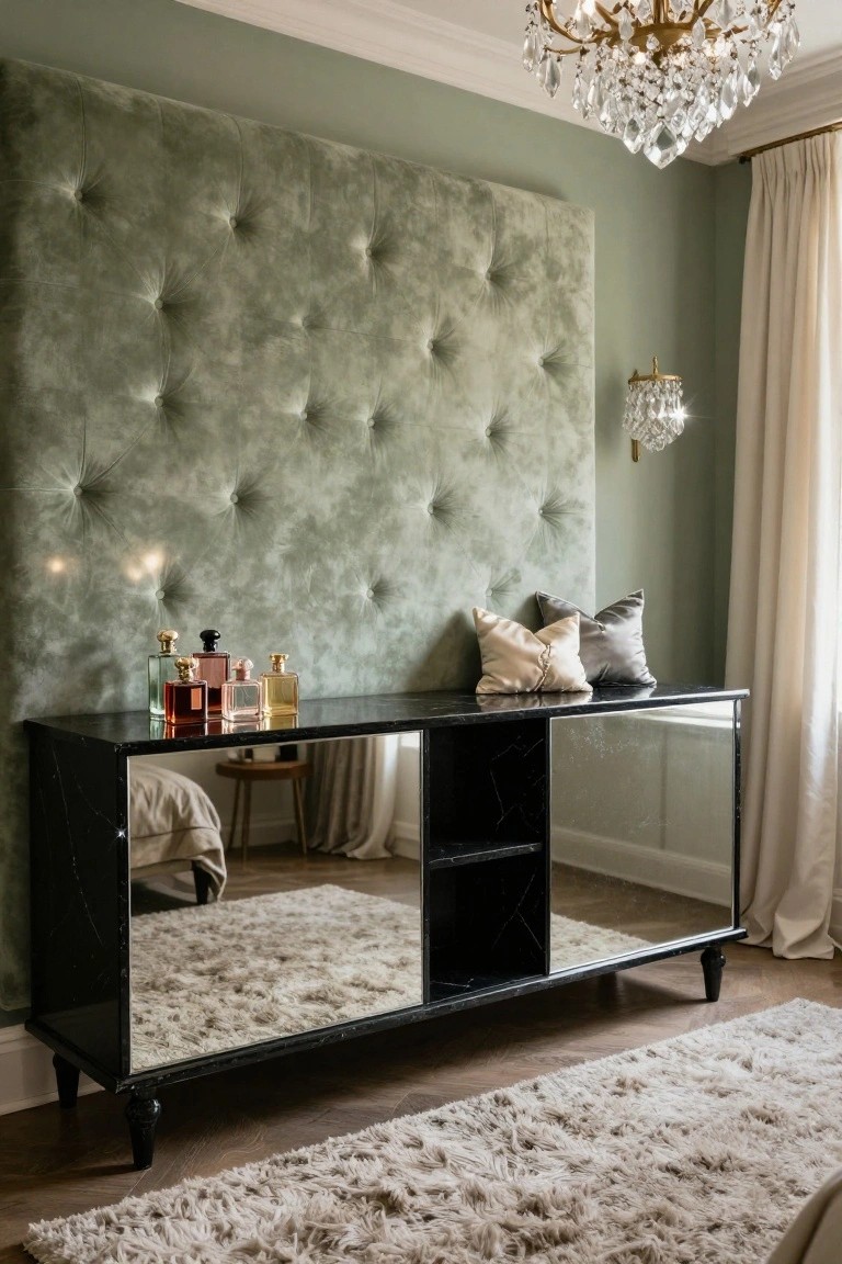 Sage green tufted upholstered wall serving as headboard in a bedroom, with black mirrored console table displaying perfume bottles and pillows, gold chandelier overhead, and beige curtains on window.