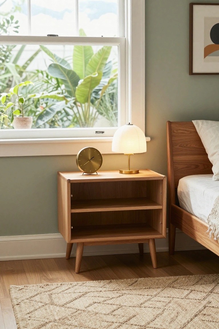 Sage green bedroom wall with wooden mid-century nightstand holding a gold clock and white lamp next to matching wooden bed frame and plants outside the window.