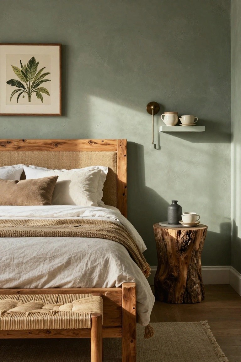 A bedroom with textured sage green walls, wooden bed frame with rattan headboard panel, white and beige bedding, tree stump nightstand with vase and teacup, wall sconce with cups on shelf, and framed leaf print.
