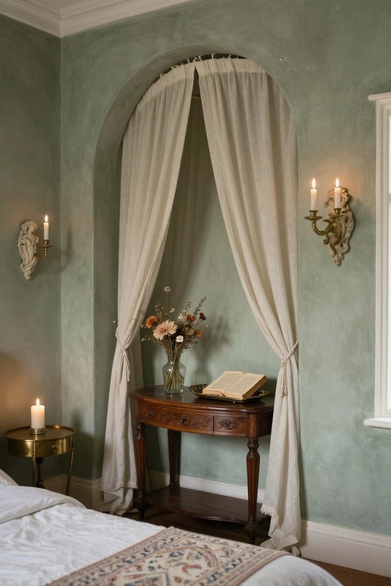 Sage green textured walls in a bedroom with an arched recess framed by white sheer curtains, a wooden console table holding a vase of dried flowers and an open book on a tray, candlelit wall sconces, and the edge of a white bed with a patterned runner.