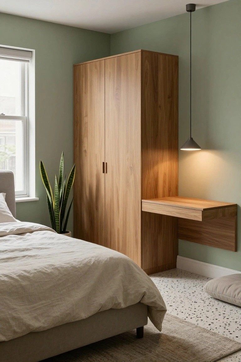 Sage green bedroom with tall wooden wardrobe, floating wooden desk drawer unit, bed with light linens, potted snake plant, pendant light, and roller blind on window.