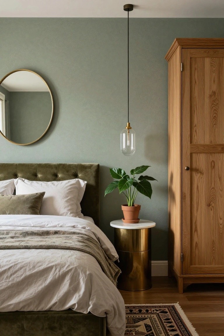 Sage green bedroom with green velvet tufted headboard on bed with white sheets and pillows, brass drum table holding potted monstera plant next to bed, tall wooden wardrobe, gold round mirror on wall, and glass pendant light from ceiling over hardwood floor with rug.