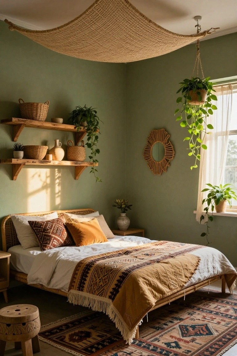 Sage green bedroom with rattan bed draped in patterned quilt, large woven canopy suspended above, wooden shelves holding baskets and plants, hanging plants by window, round woven mirror on wall, and woven stool nearby.