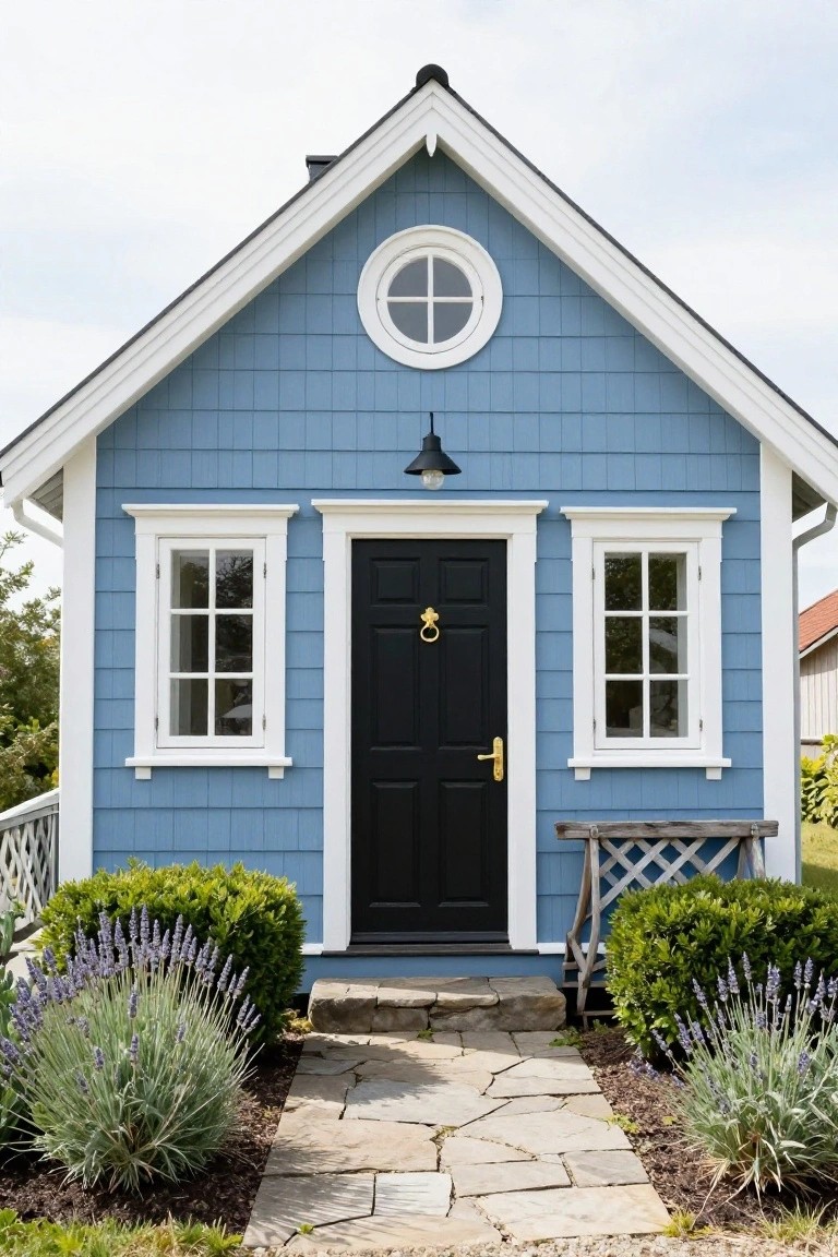 Light blue shingled cottage exterior with white trim, black front door with gold knocker and handle, two matching windows on either side, flanked by lavender bushes and a stone walkway.