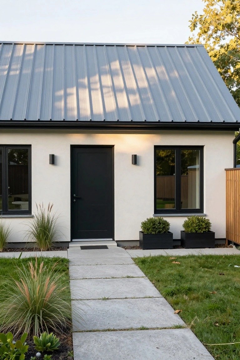 White stucco cottage exterior with gray corrugated metal roof, black front door and window frames, potted boxwood shrubs on either side of the door, ornamental grasses, and concrete pathway in a grassy yard.