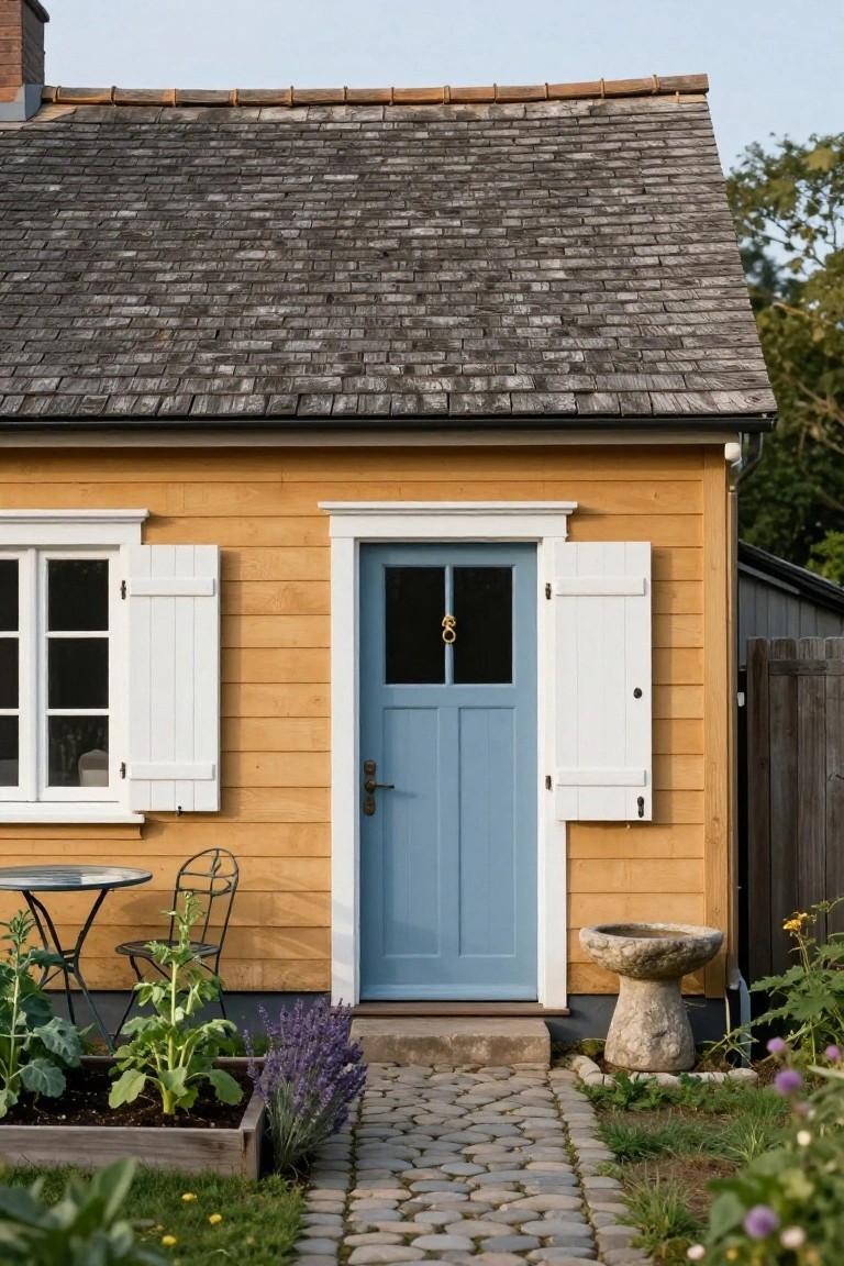Small yellow wooden cottage with white shutters on the window and blue front door, gravel path, raised garden bed with plants, stone birdbath, and surrounding greenery.