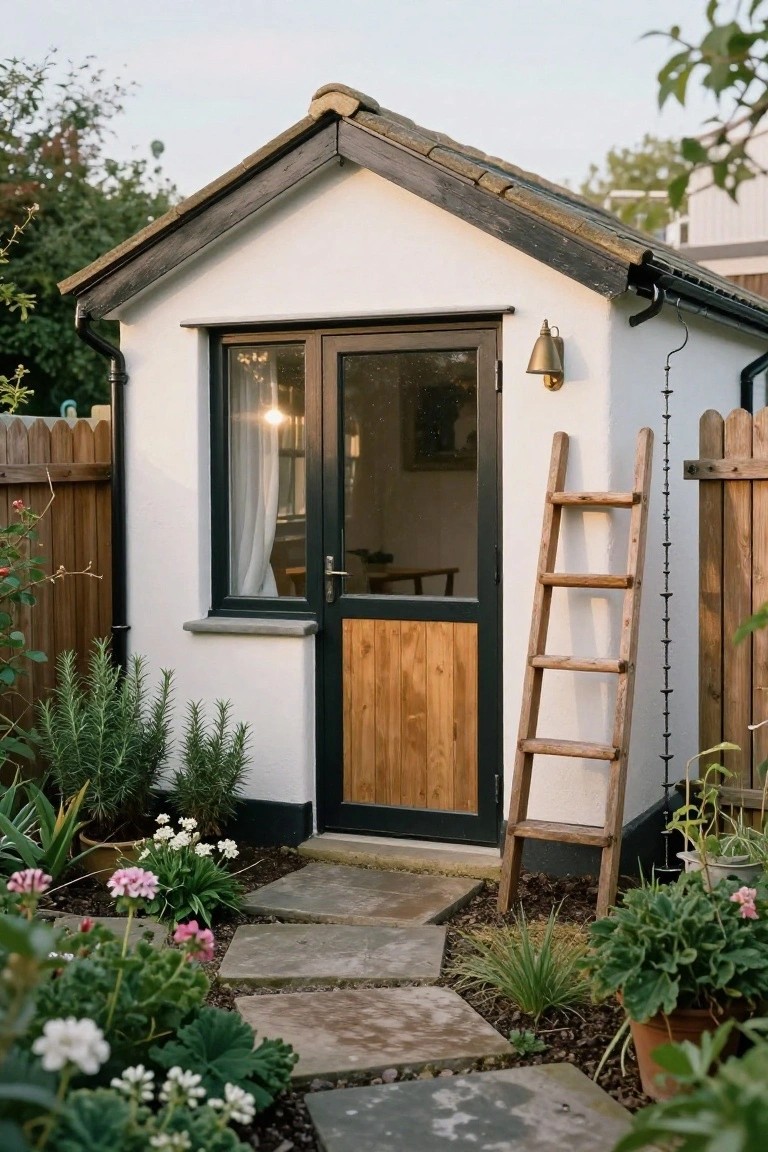 Small white-rendered garden shed with dark wooden stable door and window, brass lantern light beside the door, wooden ladder leaning on the wall, plants and stone path in front.