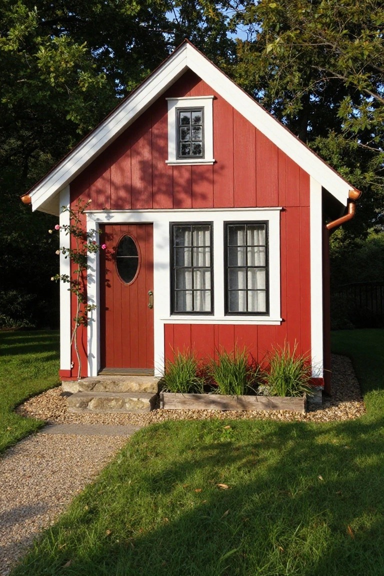 Small red wooden cottage with white gables and trim, red door with oval window, climbing rose bush beside entry, stone steps, gravel beds with grasses, and gravel path on green lawn surrounded by trees.