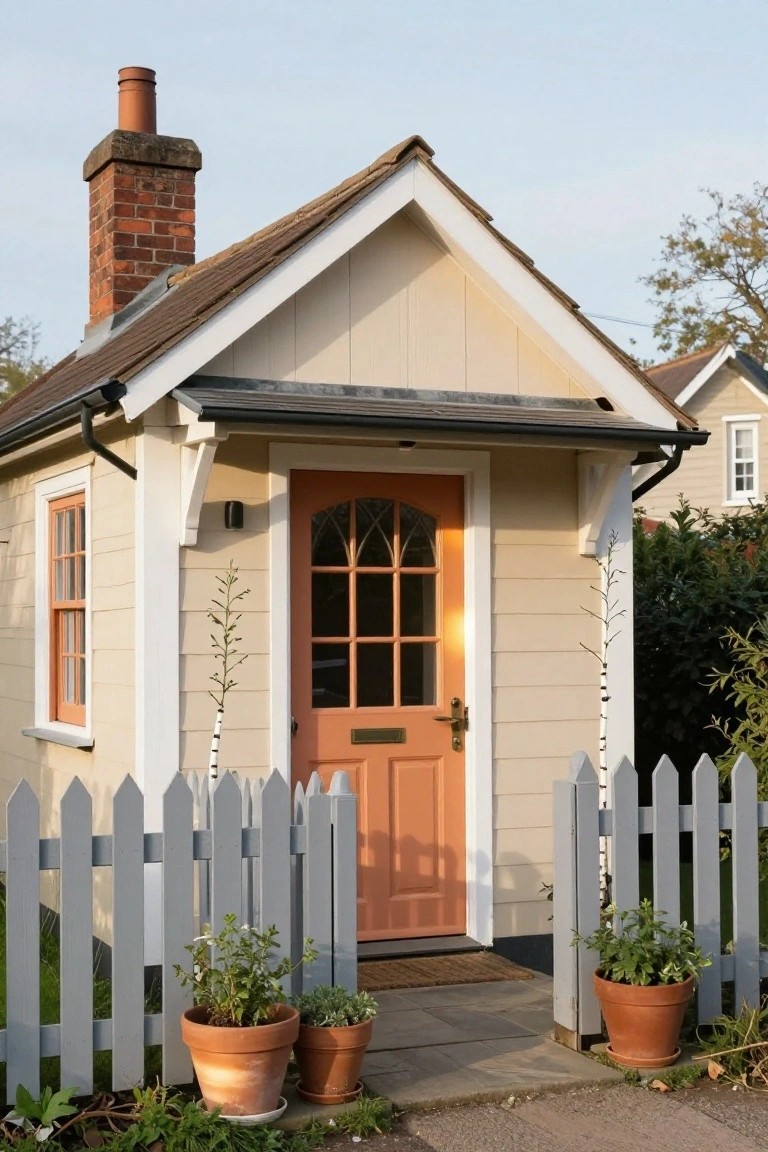Small beige clapboard cottage with orange arched front door, white trim, brick chimney, gray picket fence, and terracotta pots at the entrance.