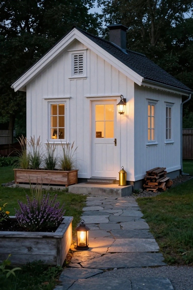 Small white clapboard cottage with black gabled roof, lit glass door and windows, potted ornamental grasses and lavender beside a stone path, brass lantern and firewood stack at dusk.