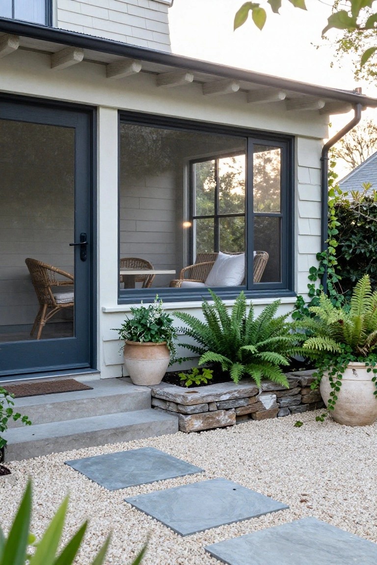 White shiplap exterior wall of a house with dark gray framed screen door and large multipane window, concrete steps leading to the entry, gravel yard cover, scattered stone slabs, and potted ferns and greenery nearby.