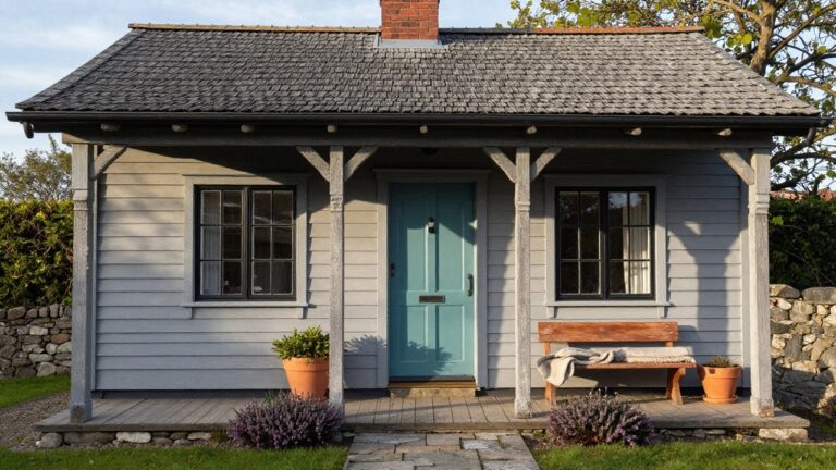 Light gray wood-sided cottage exterior with slate roof, turquoise arched front door, black-framed windows, wooden bench with folded blanket, potted plants in terracotta pots, and gray stone pathway.