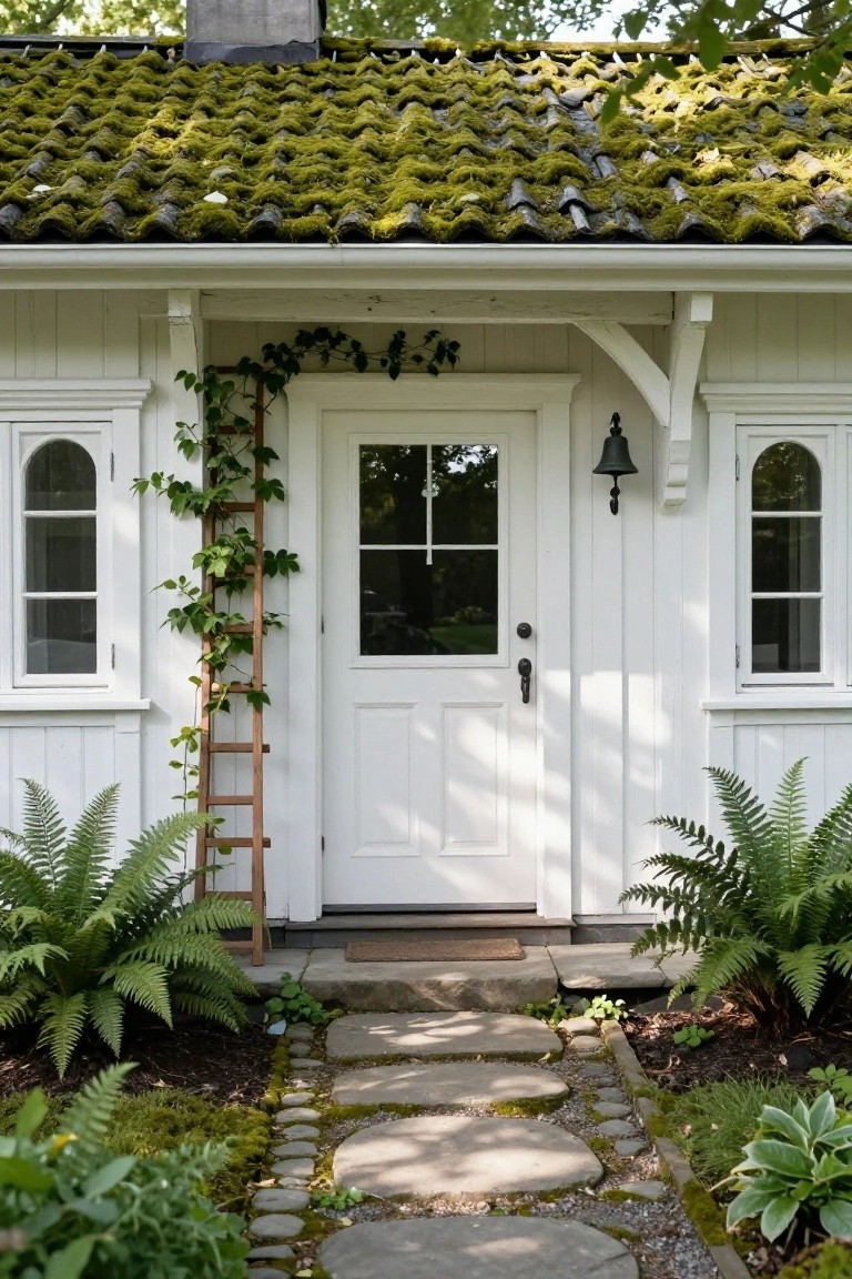 White wooden cottage exterior with moss-covered green tile roof, arched windows flanking a central glass-paneled door with brass bell and knocker, ivy climbing a wooden ladder trellis beside the door, ferns on either side, and irregular stone path leading up.