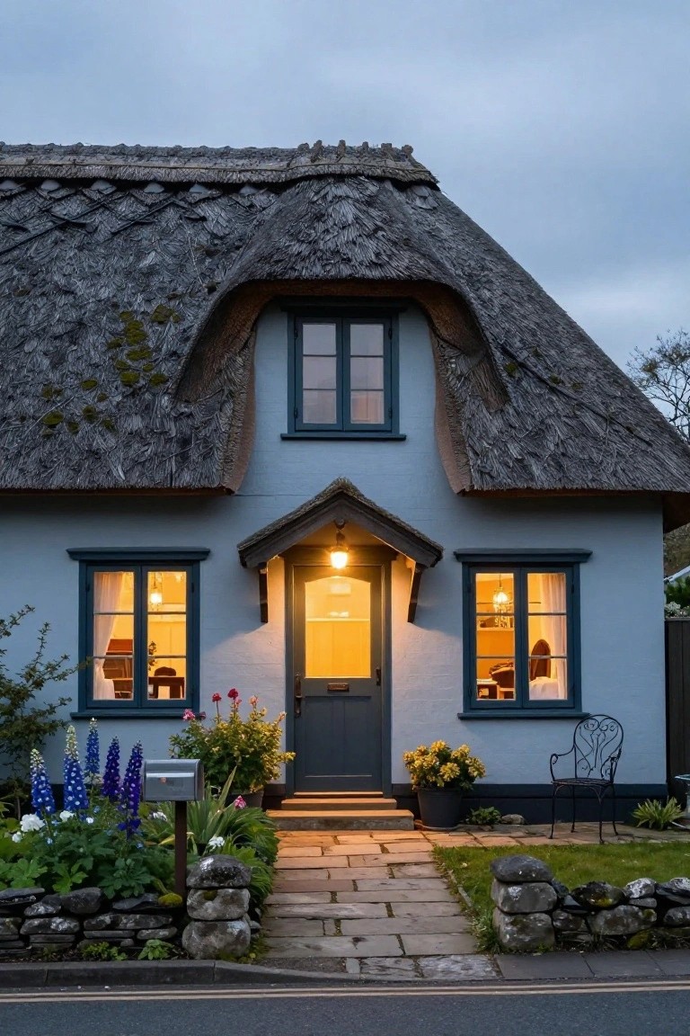 Blue cottage house with steeply pitched thatched roof, dark green trimmed windows and door, front garden beds with flowers and delphiniums, stone pathway, and lit interior at dusk.