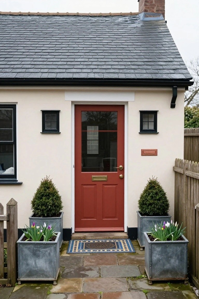 Cream cottage with slate roof, black-trimmed windows, red front door with glass panels and brass knocker, flanked by galvanized planters with tulips and topiary shrubs, stone path, and picket fence.