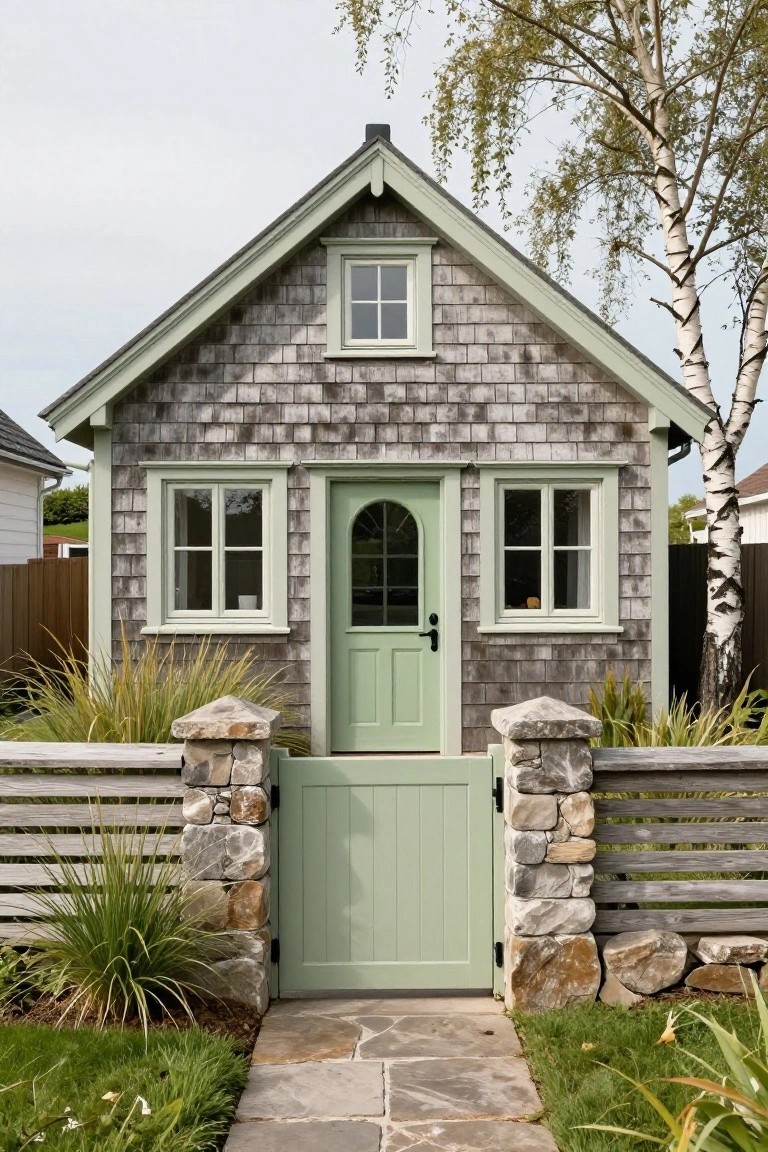 Small cottage with gray shingle siding and sage green arched front door, matching green window trim, wooden gate between stone pillars, flagstone path, ornamental grasses, and birch trees in a yard.