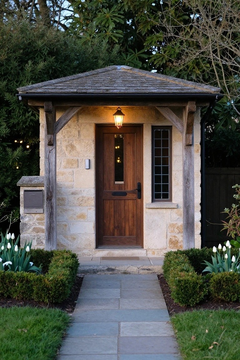 Small stone cottage exterior with dark timber framing forming a porch over a wooden door and small window, lit by a lantern, flanked by boxwood shrubs and tulips along a slate path in a garden setting.