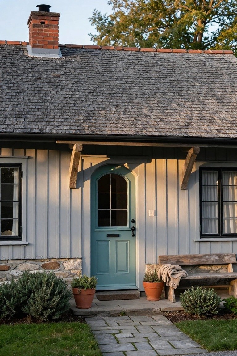 Light gray wood-sided cottage exterior with slate roof, turquoise arched front door, black-framed windows, wooden bench with folded blanket, potted plants in terracotta pots, and gray stone pathway.