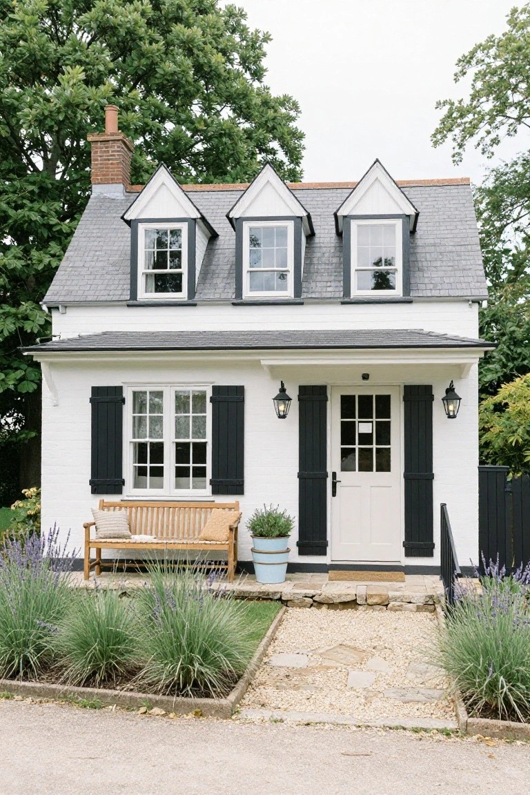 White clapboard cottage with black shutters on windows and door, gray slate roof with dormers, brick chimney, lanterns flanking glass-paneled front door, wooden bench with cushions and pillows on porch, blue pot with plant, lavender bushes, ornamental grasses, stone path, and gravel driveway edged by trees.