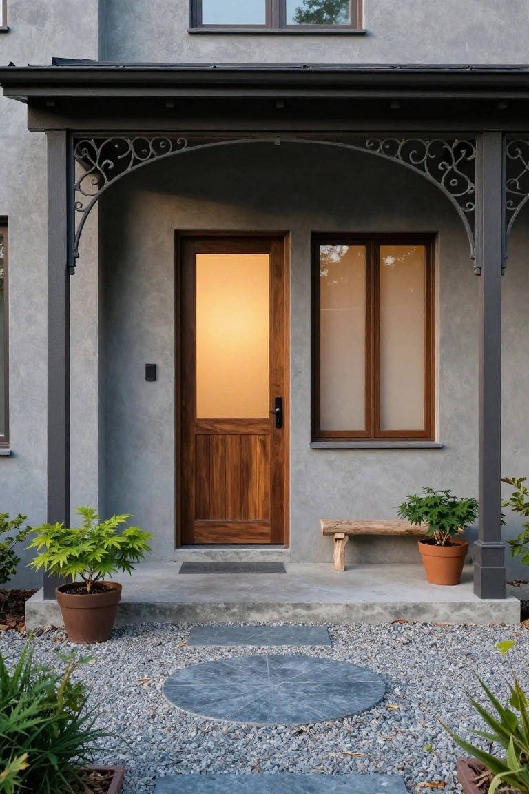 Gray stucco house facade with brown wooden front door under a covered porch featuring black wrought-iron scroll brackets, side sidelight window, potted plants on either side, wooden bench, and gravel front path.