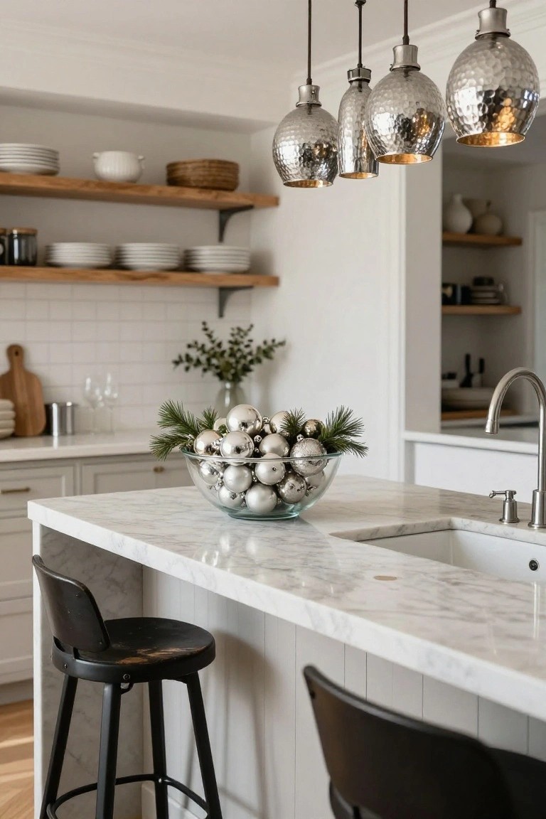 Kitchen island countertop holding a large glass bowl filled with silver Christmas ornaments and pine branches, flanked by black stools, with white cabinets, subway tile backsplash, open shelves, and four hammered silver pendant lights hanging above.