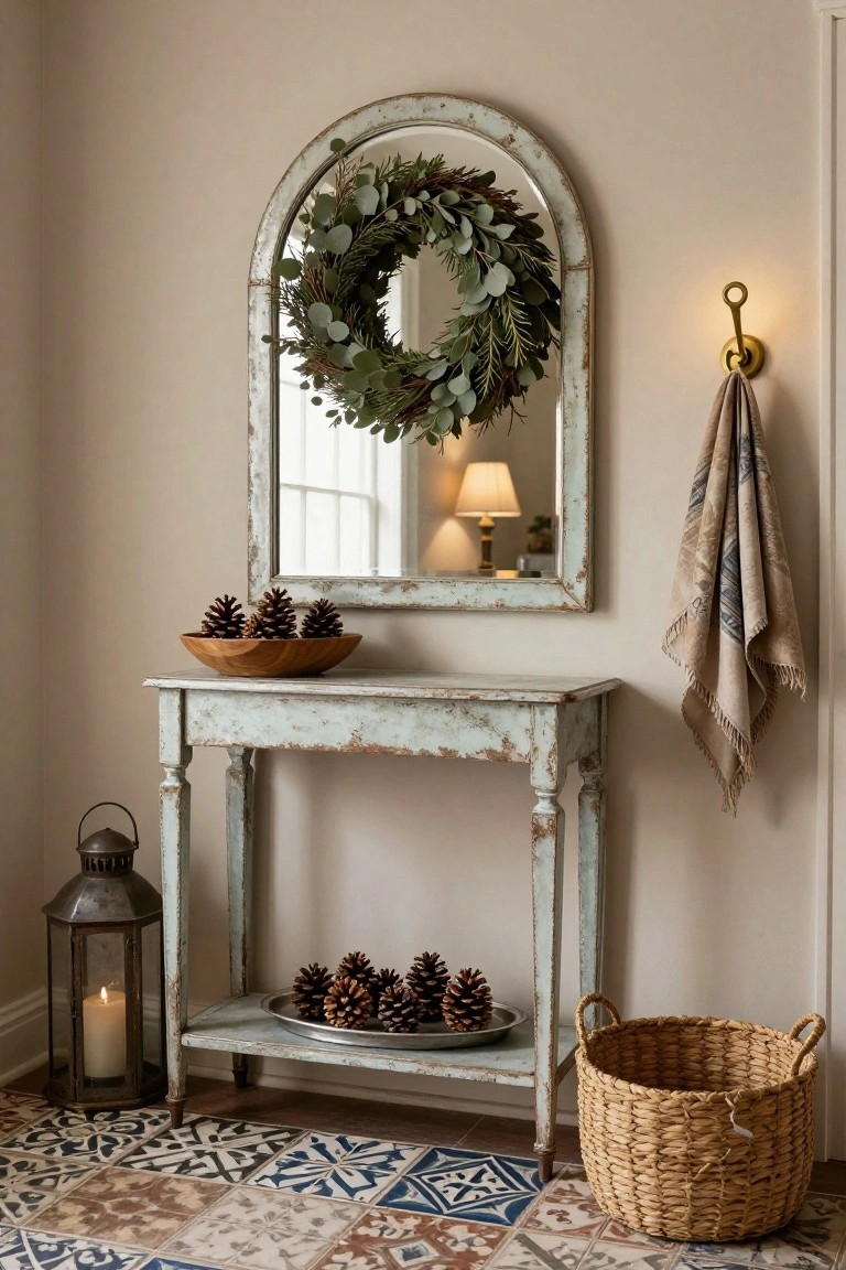Distressed greenish console table in a beige entryway corner holds a wooden bowl and metal tray of pinecones plus a lit metal lantern, arched silver mirror above with eucalyptus wreath, towel on brass hook, and woven basket on blue patterned tile floor.