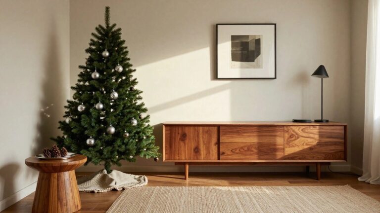 A living room corner with a Christmas tree decorated in silver ornaments and garland, a wooden credenza topped with a dish of pinecones, stools, and a black floor lamp near a window.