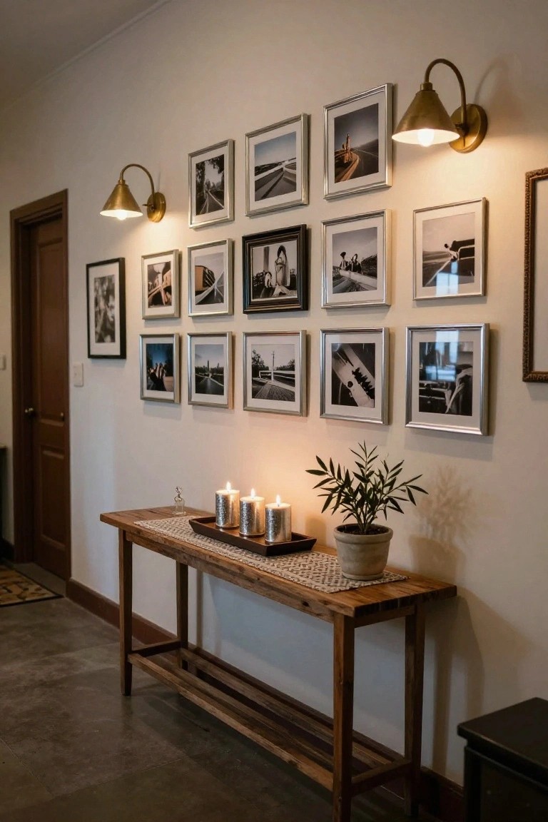 Hallway interior with wooden console table holding metallic candles, a potted plant, and tray under a wall arrangement of silver-framed black and white photos, flanked by brass sconces next to a door.