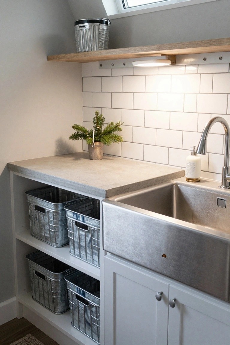 Laundry room corner with white open shelving holding stacked galvanized metal baskets, concrete countertop, stainless steel farmhouse sink, white subway tile backsplash, small potted fir tree on counter, white soap dispenser, and metal trash bin on floating wooden shelf under skylight.