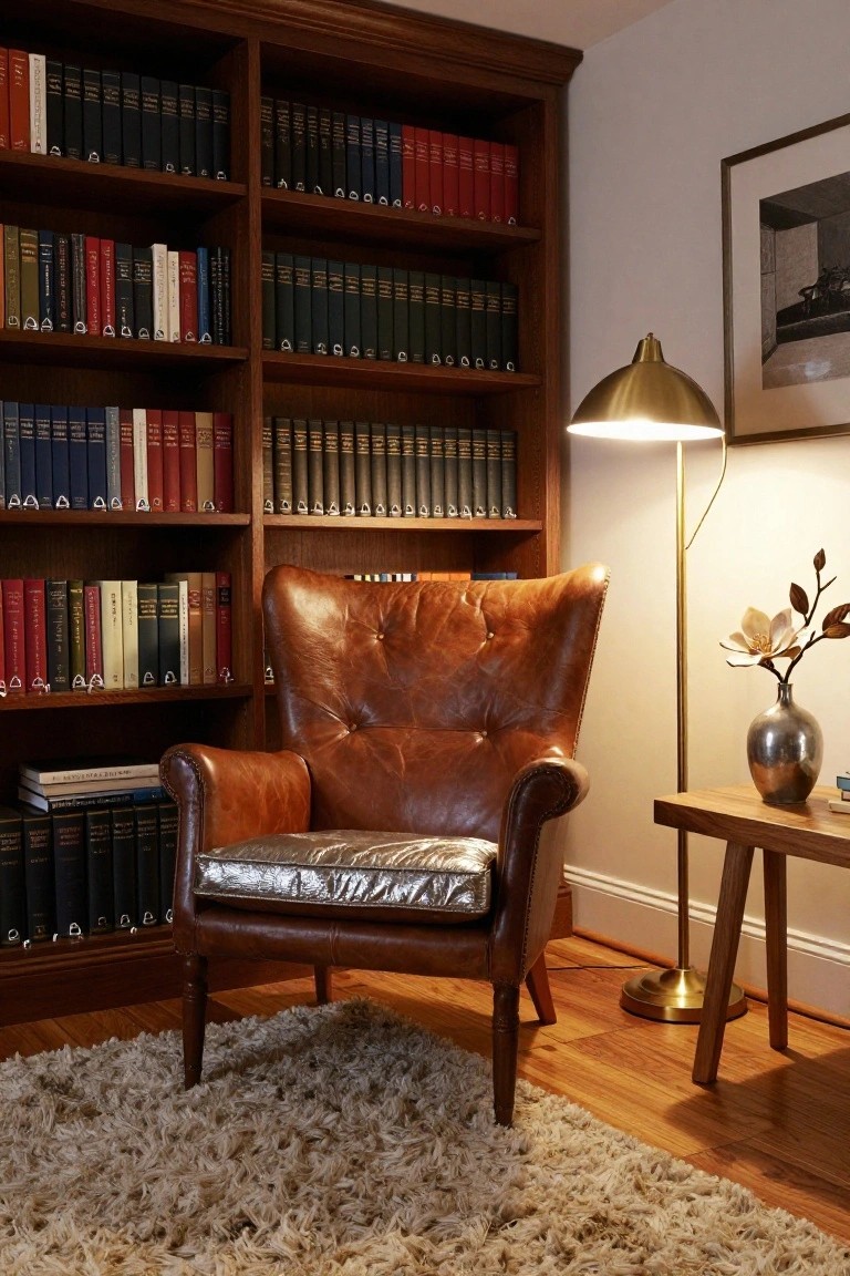 Brown leather wingback armchair with shiny silver metallic seat cushion in front of wooden bookshelves filled with books, brass floor lamp, small side table with vase, and beige rug on hardwood floor.