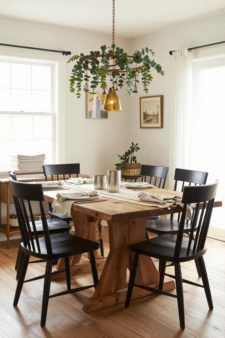 A dining room corner with white walls, a rustic wooden trestle table surrounded by black spindle chairs, set with beige linens and hammered metallic cups, under a hanging eucalyptus wreath chandelier with brass bells, next to large windows with sheer curtains.