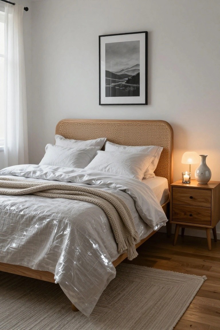 Cozy bedroom featuring a rattan headboard bed with white pillows, shimmery quilted duvet, chunky knit throw, wooden nightstand holding a lamp, candle, and vase, sheer curtains, framed black-and-white landscape photo, and light wood floors with a beige rug.