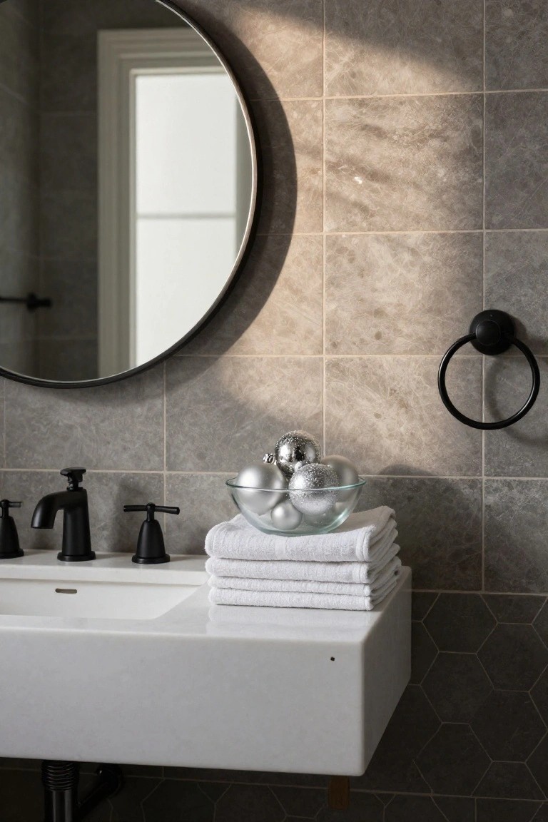 Modern bathroom vanity with white sink, black faucet, glass bowl of silver Christmas baubles, stacked white towels beside it, black towel ring, and large round black-framed mirror on gray marbled tile wall.