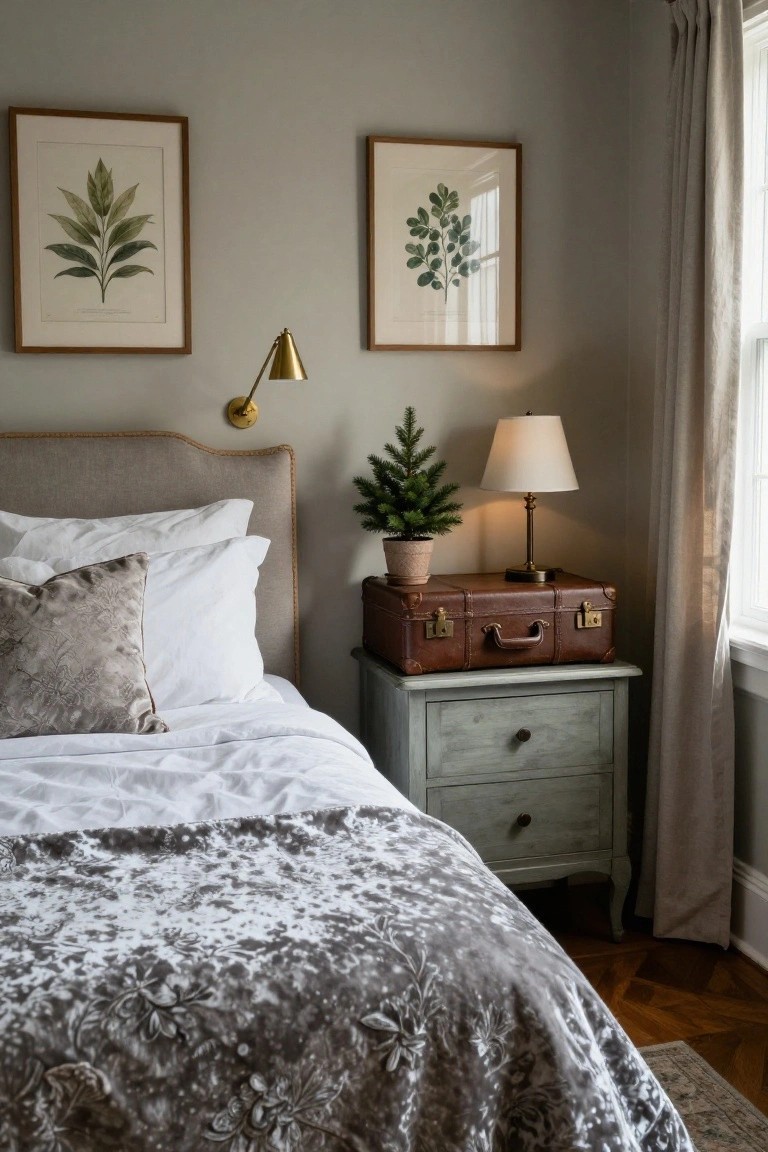 Corner view of a bedroom with gray walls, upholstered bed in white sheets and silver-gray shimmery duvet with pillows, beside a distressed blue-green nightstand topped with vintage brown leather suitcase, small potted Christmas tree, and brass-based lamp, flanked by botanical prints and linen-draped window.