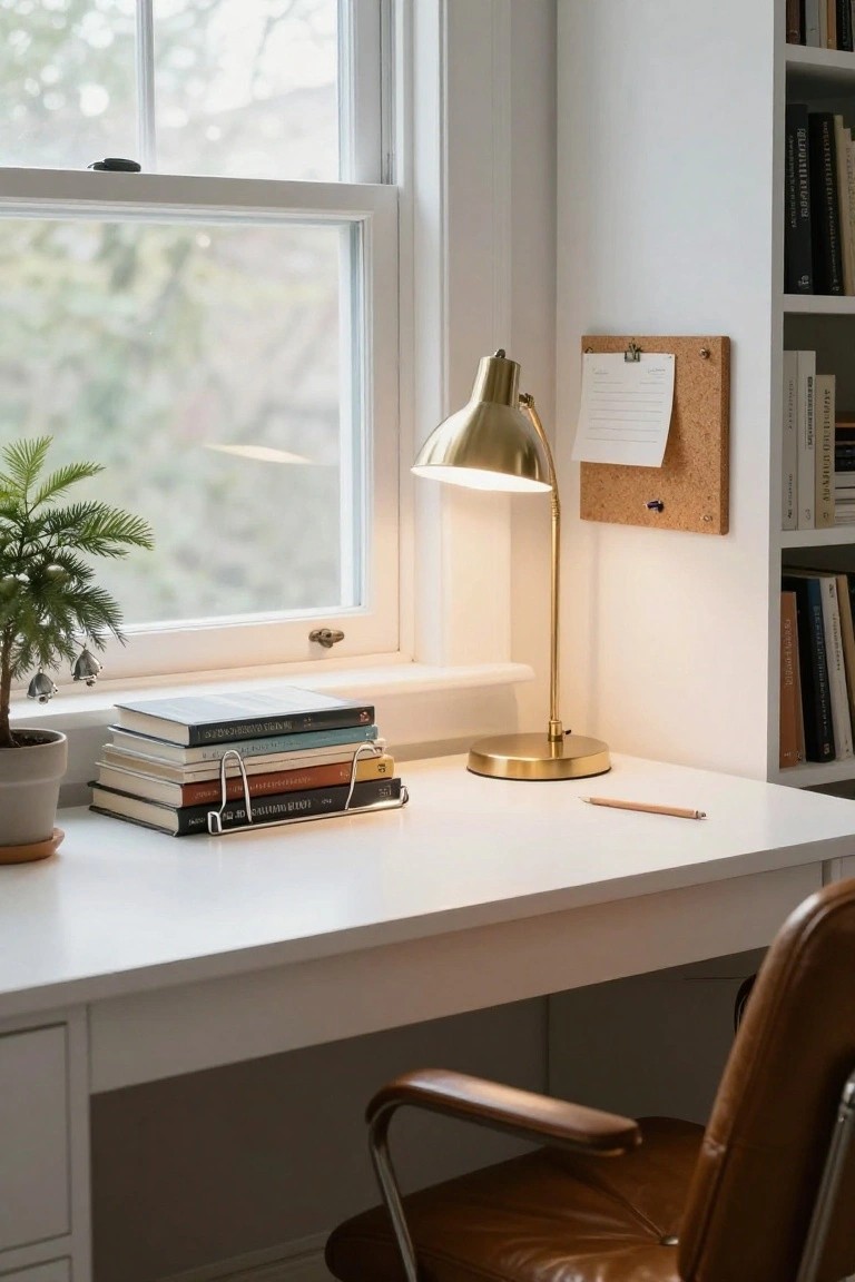 Bright corner room with white desk, gold arched lamp, stack of books held by clips, potted fern plant, corkboard with paper, bookshelves, small hanging bells on windowsill, and tan leather chair.