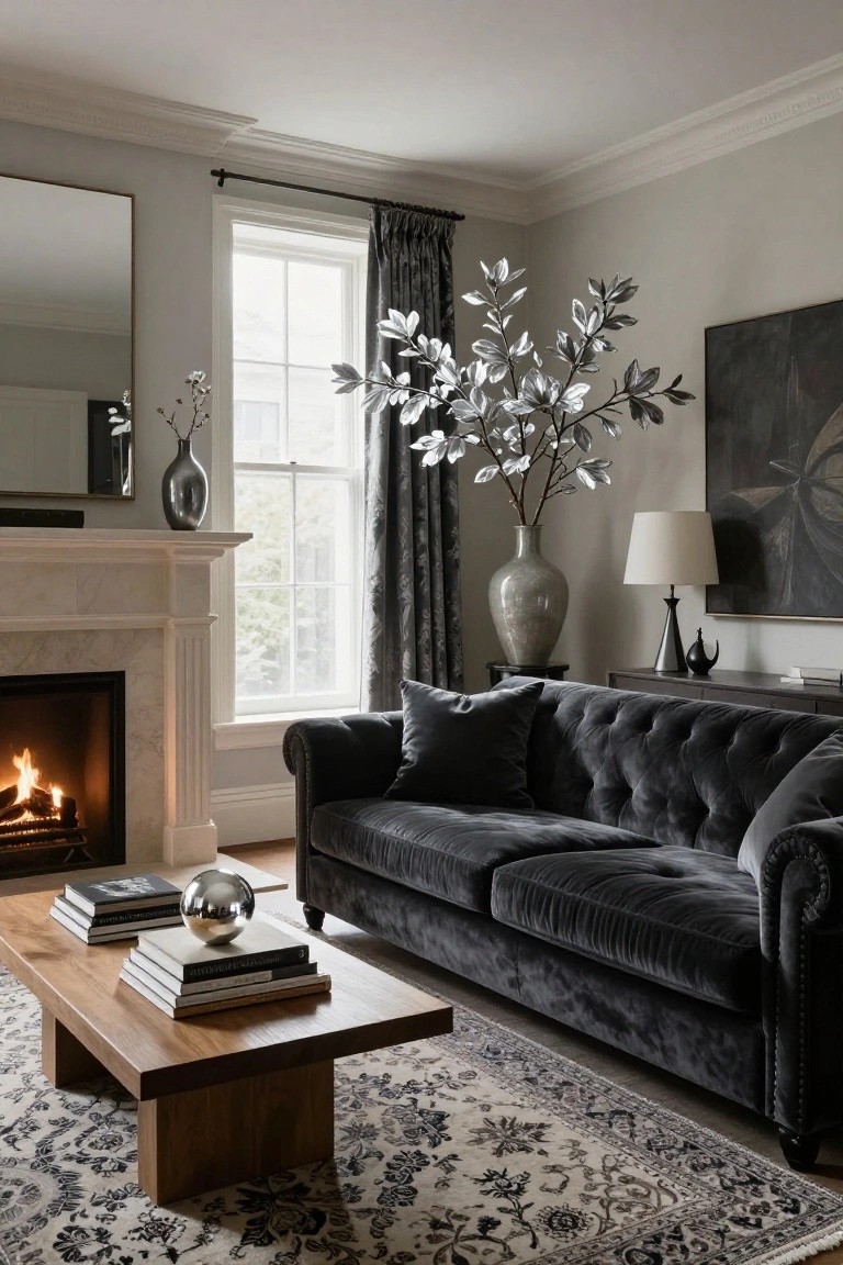 Living room interior with black velvet tufted sofa, marble fireplace with fire lit, wooden coffee table holding stacked books and silver orb, tall silver branches in large glass vase on black pedestal, gray walls, window with drapes, and patterned rug.