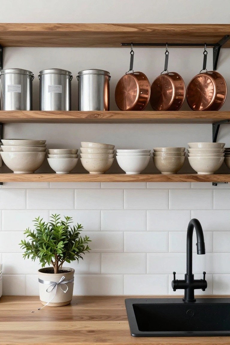 Open wooden kitchen shelves holding stacked white ceramic bowls, three labeled silver metal canisters, and hanging copper pots, with a black sink and potted plant on the wooden counter below.