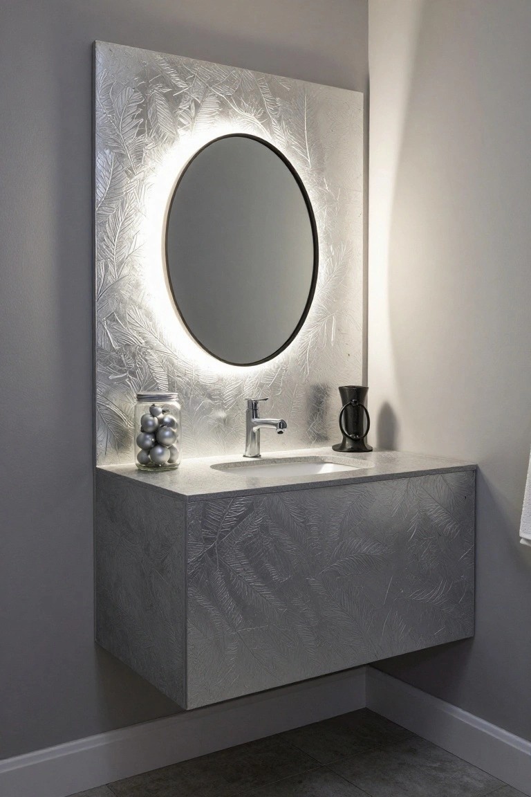 Corner floating bathroom vanity in silver with fern leaf embossed texture, round backlit mirror, white sink, chrome faucet, jar of silver ornaments, black vase on gray wall and floor.