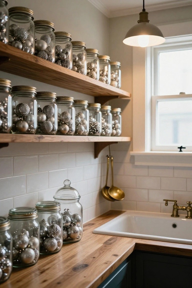 Kitchen corner featuring wooden open shelves lined with multiple glass jars filled with silver Christmas ornaments, a wooden countertop holding more jars, white subway tile backsplash, brass sink faucet, and hanging gold utensils.