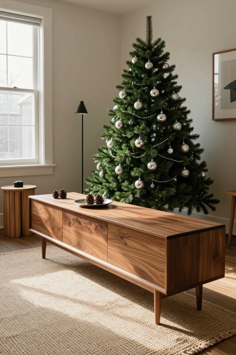 A living room corner with a Christmas tree decorated in silver ornaments and garland, a wooden credenza topped with a dish of pinecones, stools, and a black floor lamp near a window.