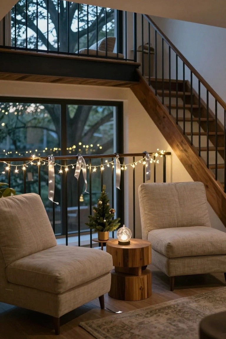 Indoor loft seating area with two beige armchairs around a stacked wood side table, small Christmas trees, glass lamp, silver ribbons and fairy lights draped on black metal railing and balcony edge, wooden stairs, large windows with trees outside.