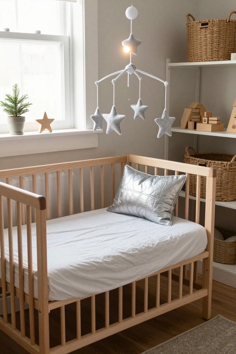 Wooden crib in a light nursery with silver quilted pillow on white sheets, silver star mobile hanging above, small potted Christmas tree by window, wooden blocks on shelves, and wicker baskets nearby.