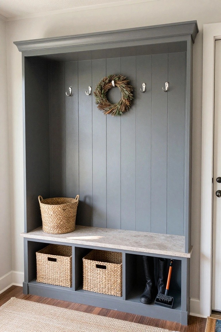 Gray shiplap mudroom cabinetry with coat hooks, a wheat wreath on one hook, bench seat topped with laminate, seagrass baskets and tall boots in cubbies below, near a white door.