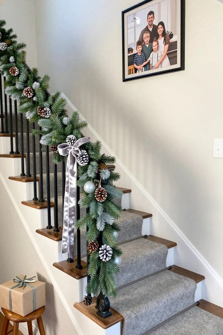 Staircase with black metal railing draped in artificial evergreen garland accented by silver ribbon bows, white-tipped pinecones, and silver ornaments, beside a framed family photo on a white wall and a wrapped brown gift box on a wooden stool.