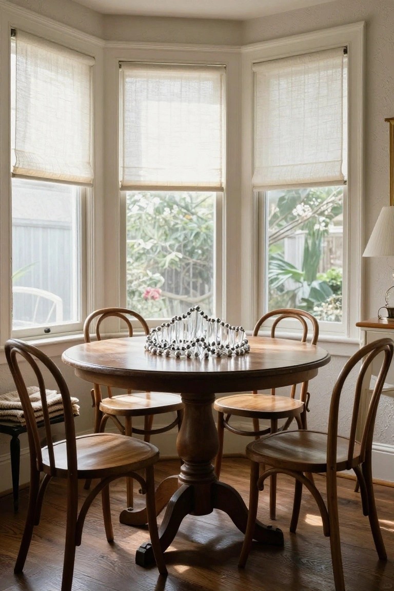 Round wooden pedestal dining table with four bentwood chairs in a bay-windowed room with sheer roller shades on the windows, a central dangling sculpture of glass vials and silver beads on the table, and plants visible through the glass.